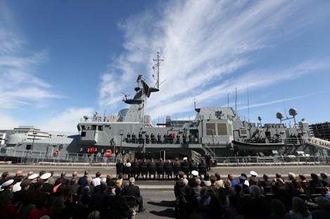 The LÉ Samuel Beckett being commissioned in Dublin in 2014. 