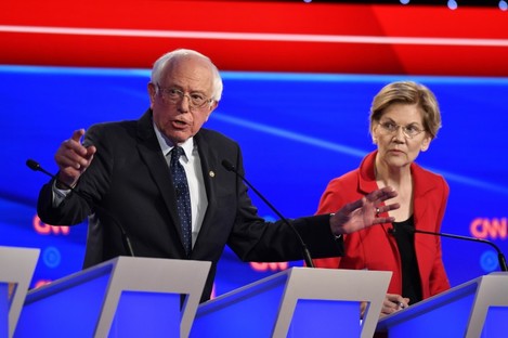 Vermont Sen. Bernie Sanders and Massachusetts Sen. Elizabeth Warren participate in the first day of the CNN Democratic Presidential Debate.