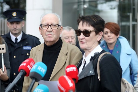 Geraldine and Patric Kriegel speaking to the media outside the CCJ in Dublin today. 