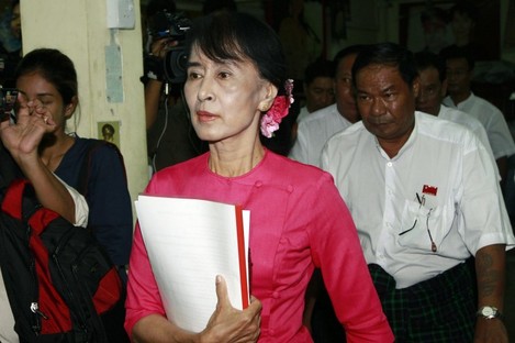 Suu Kyi at her party headquarters in Myanmar earlier this month