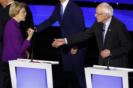 Elizabeth Warren and Bernie Sanders during last night's debate
