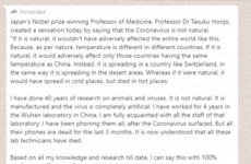 Debunked: No, a Japanese Nobel Prize winner did not say the coronavirus was man-made