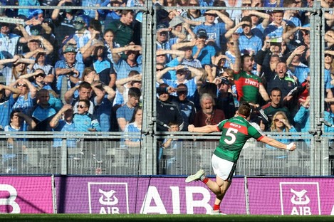 Lee Keegan celebrates scoring a goal in front of Hill 16 during the 2017 All-Ireland final.