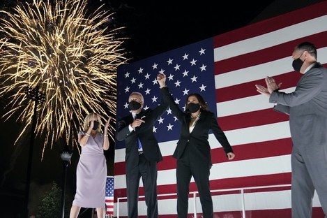 Joe Biden, and his wife Jill Biden, watch fireworks with vice presidential candidate Kamala Harris, and her husband Doug Emhoff