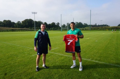 IRFU DIrector of Women's and Sevens Rugby, Anthony Eddy, and Ireland Men's Sevens winger Jordan Conroy.