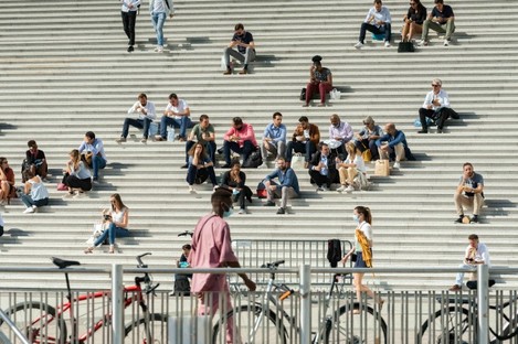 People on the steps of La Grande Arche in France last month. 