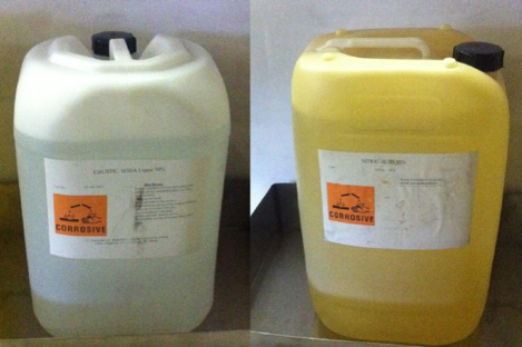 Drums of caustic soda (L) and nitric acid, similar to these, were stolen from a factory in Limerick overnight.