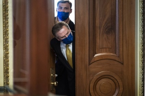 Michael van der Veen, lawyer for former President Donald Trump, looks out from the Senate floor to the Senate Reception