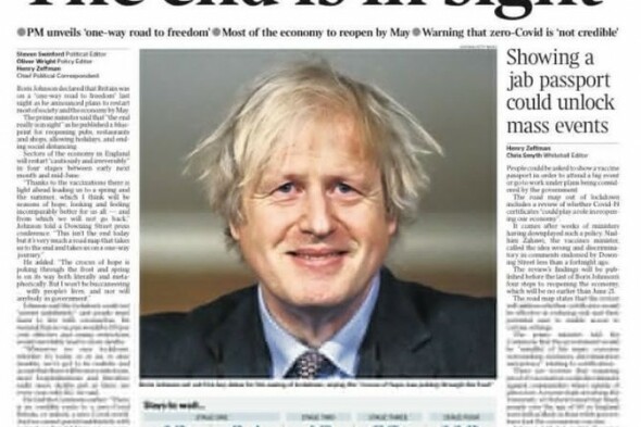 'The end is in sight': UK papers rejoice after Boris Johnson outlines roadmap out of lockdown - Vimarsana News