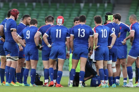 The French team in a huddle in Dublin during the second round win over Ireland. 