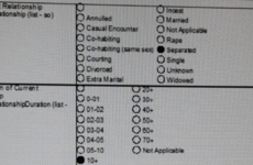 'Rape' and 'incest' listed as 'current relationship status' options on Commission form