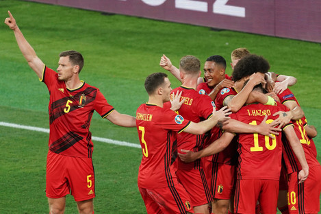 Belgium players celebrate Thorgan Hazard's goal.
