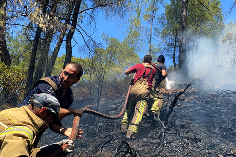 IMM (Istanbul Metropolitan Municipality) teams working which to the forest fires that started in the Manavgat district of Antalya.
