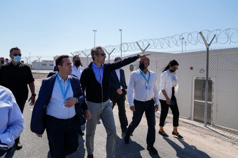 Greece’s Migration Minister Notis Mitarachis and Prime Minister Kyriakos Mitsotakis new facility for migrants and refugees on Samos