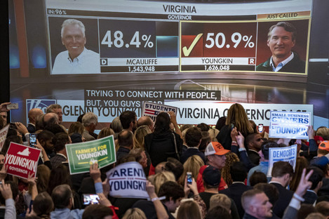 Virginia Republican gubernatorial candidate Glenn Youngkin is show on the monitor as the gubernatorial winner at the Westfields Marriott Hotel in Chantilly, VA