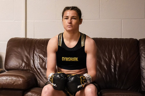 Katie Taylor waiting for the call ahead of her bout with Natasha Jonas earlier this year.
