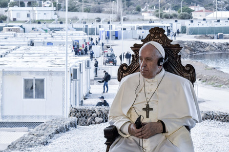 Pope Francis attends a ceremony at the Karatepe refugee camp, on the northeastern Aegean island of Lesbos