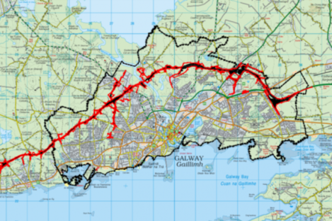 The ring road (in red) will loop 18km around the north of Galway city.