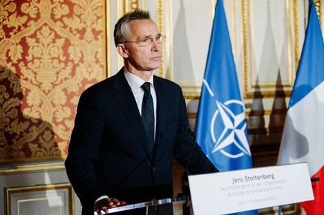 Jens Stoltenberg, Secretary General of NATO, during a meeting at the French Ministry of Europe and Foreign Affairs today.