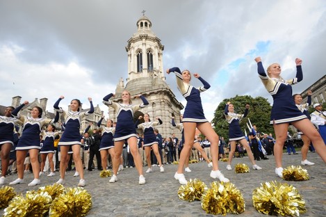 Notre Dame cheerleaders at Trinity College yesterday 