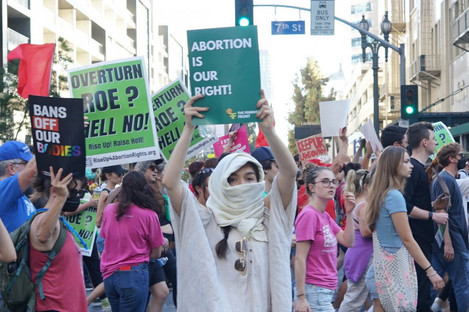 Demonstrators gather to protest against the Supreme Court's overturning of the Roe vs. Wade abortion-rights ruling in downtown Los Angeles.