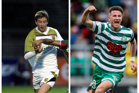Finn's Euro debut in 2010 (left) and scoring his first goal 12 years later (right).
