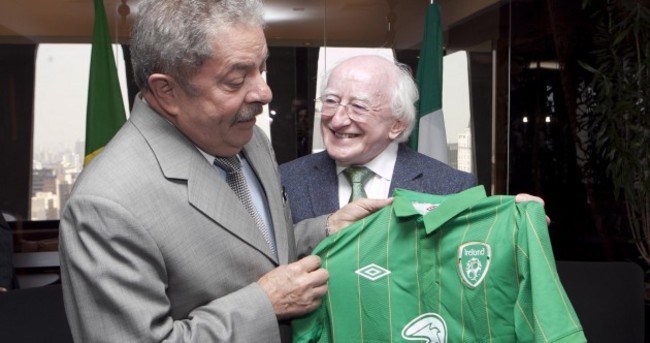 Pics: Higgins meets former Brazilian president, gives him Ireland jersey