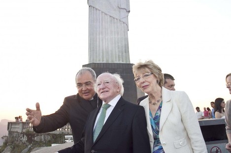 President of Ireland Michael D Higgins and his wife Sabina with Sr. Dom Orani Joao Temtesta , Archbishop of Rio de Janeiro, at Christ the Redeemer Statue in Brazil.