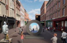 A 'portal' visually connecting New York City and Dublin in real-time to open tomorrow