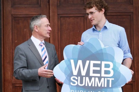 Jobs minister Richard Bruton speaks with DWS founder Paddy Cosgrave at the RDS ahead of today's Dublin Web Summit.