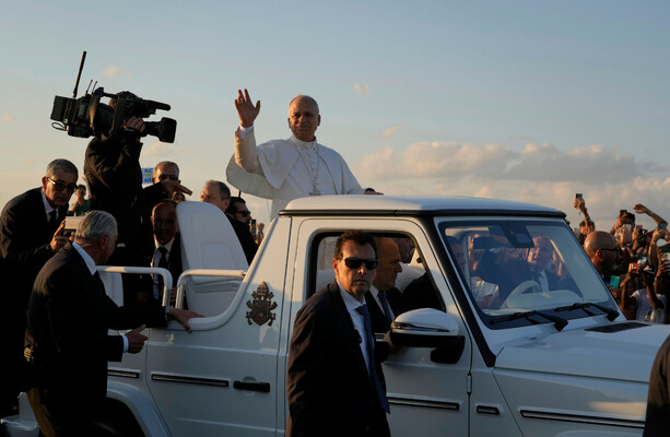 Rock star welcome for Pope Leo as he arrives by helicopter to open-air youth vigil