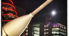View of the full moon and Jupiter from Samuel Beckett bridge