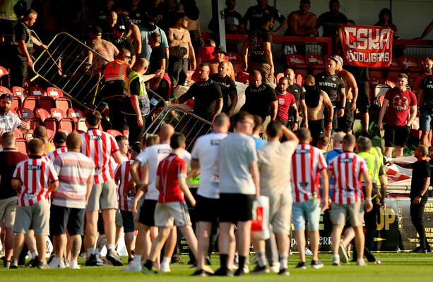 PSNI officer hospitalised as crowd trouble causes delay to Derry City's Europa League fixture