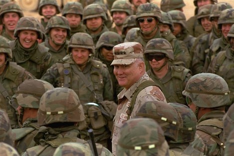 Norman Schwarzkopf among troops in the Saudi Arabian desert in 1991