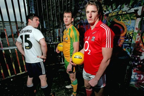  Dublin's Michael Darragh MacAuley, Donegal's Eamon McGee and Cork's Aidan Walsh at today's launch.
