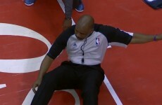 An NBA ref gets nailed in the head by a blocked shot but manages to keep his cool and make the right call