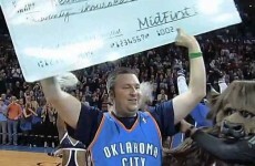 High-school teacher hits half-court shot at NBA game, wins $20,000 to pay for wife's cancer treatment