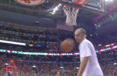 VIDEO: Player goes for buzzer-beater but nails mop man in the face