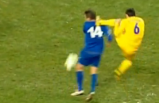 Ukrainian player's flying kung-fu head kick is as clear a red card as you'll see