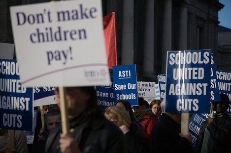 Teachers' unions protesting against education cuts last year in Dublin
