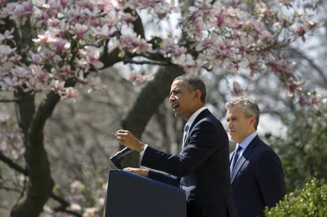 Obama with his budget director Jeffrey Zients in the White House Rose Garden today.