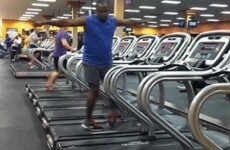 Weird video of a man dancing on a treadmill in a gym