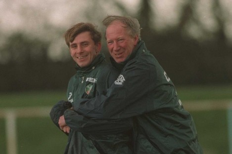 David Kelly enjoys a Jack Charlton hug in 1995.
