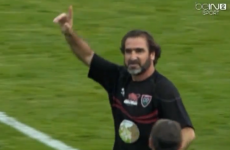 Watch Eric Cantona ping a rugby ball onto the crossbar in novelty game