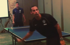 RVP takes on Rio Ferdinand in a no-look table tennis match