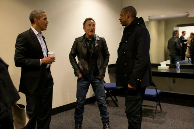 President Obama, Bruce Springsteen, and Jay Z hanging out backstage before a rally in Columbus - Imgur