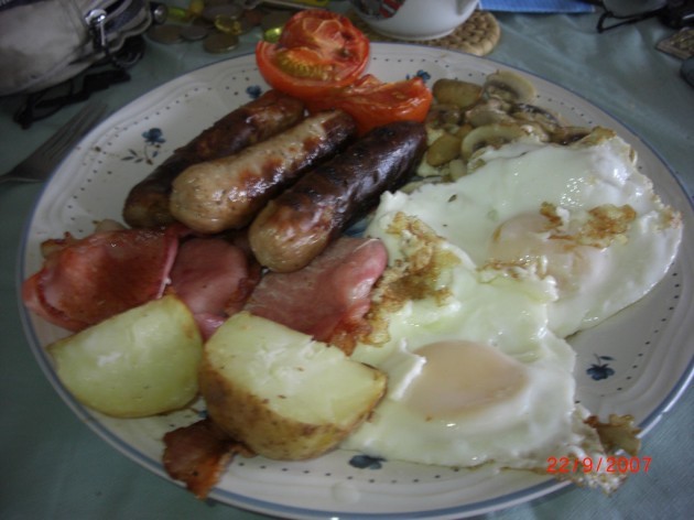 My European Breakfast. Danish Bacon, Irish Sausages and Potato,English Eggs, Polish Mushrooms and Dutch Tomatoes. Also known as the Cholesteral Special. Why is Cholesteral so delicious
