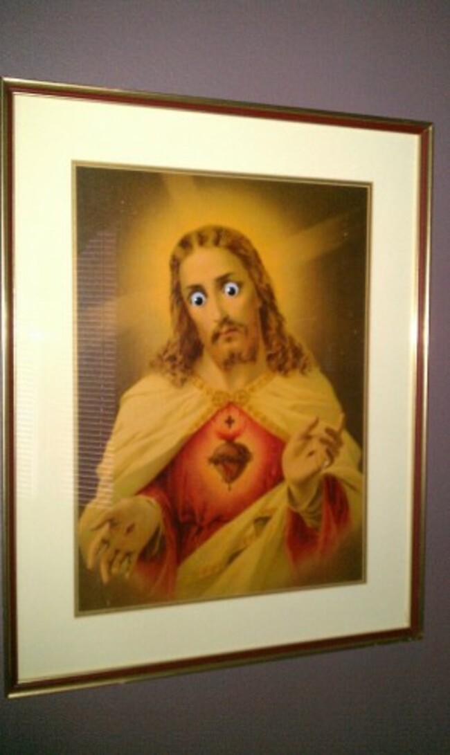 Apparently putting googly eyes on the portrait of Jesus my parents have is not funny and blasphemous. - Imgur