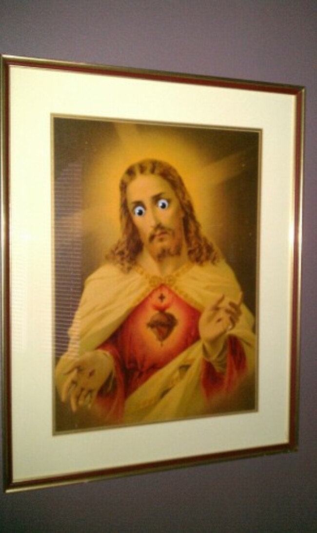 Apparently putting googly eyes on the portrait of Jesus my parents have is not funny and blasphemous. - Imgur