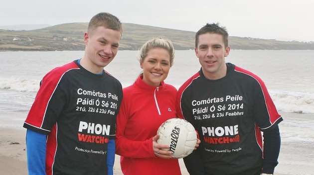 Padraig Og, Siun and Marc O Se on Ventry Beach near Ard a Bhothair preparing for the 2014 Comortas Peile Paidi O Se which will take place in the West Kerry Gaeltacht from February 21-22. Photo: Marian O'Flaherty